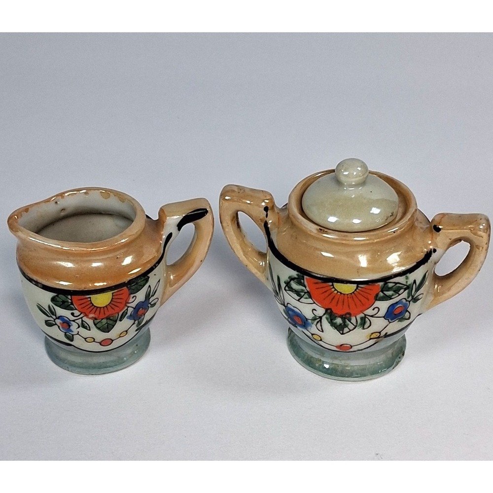 Vintage Japanese Lusterware Mini Sugar Creamer Set Hand Painted Floral Toy Doll